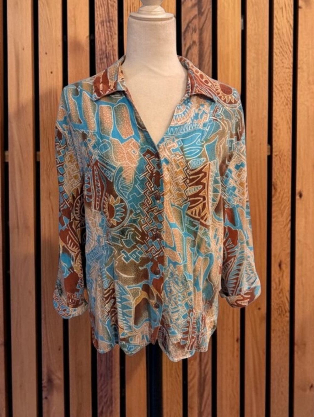 Vtg. Tianello Abstract Button-Front Blouse  Turquoise & Brown Cuff Sleeves Sz L